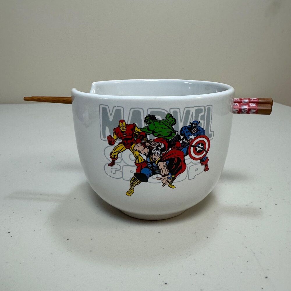 Marvel Avengers Comics Ramen Bowl Cup Chopsticks Superhero Soup Dish 20 oz